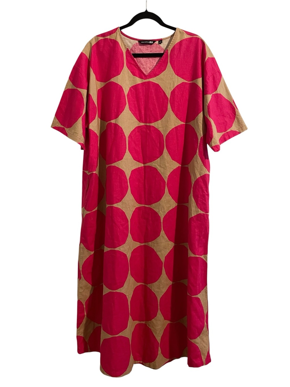 Marimekko x Uniqlo Tan Pink Sphere Print Linen Blend Kaftan Dress Size Small NEW